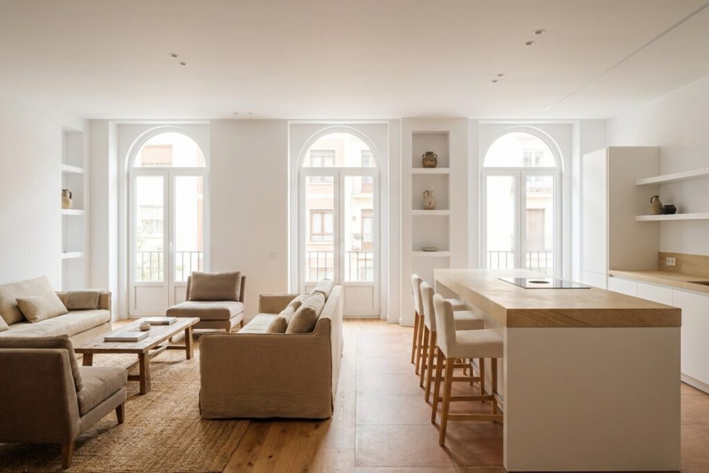 Salón y cocina abiertos en una vivienda reformada integralmente en Castellón