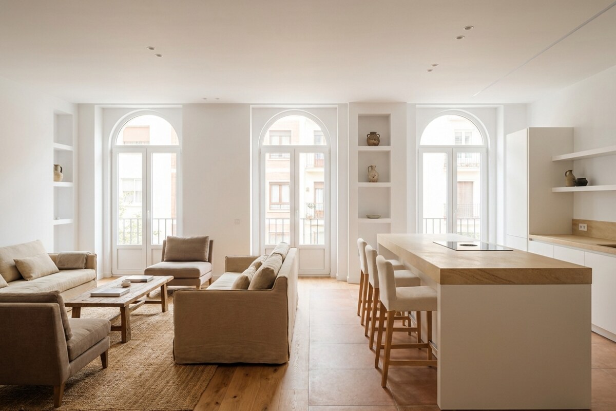 Salón y cocina abiertos en una vivienda reformada integralmente en Castellón