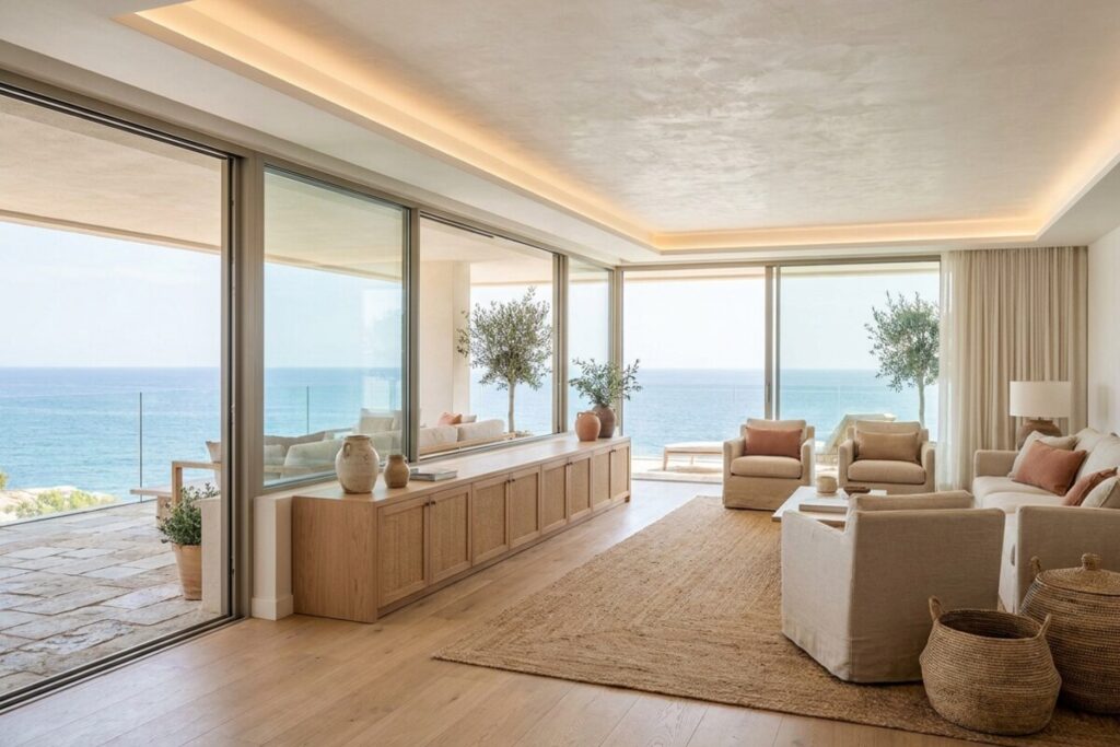Salón de ático con suelo de madera clara y salida continua a la terraza con vistas al mar