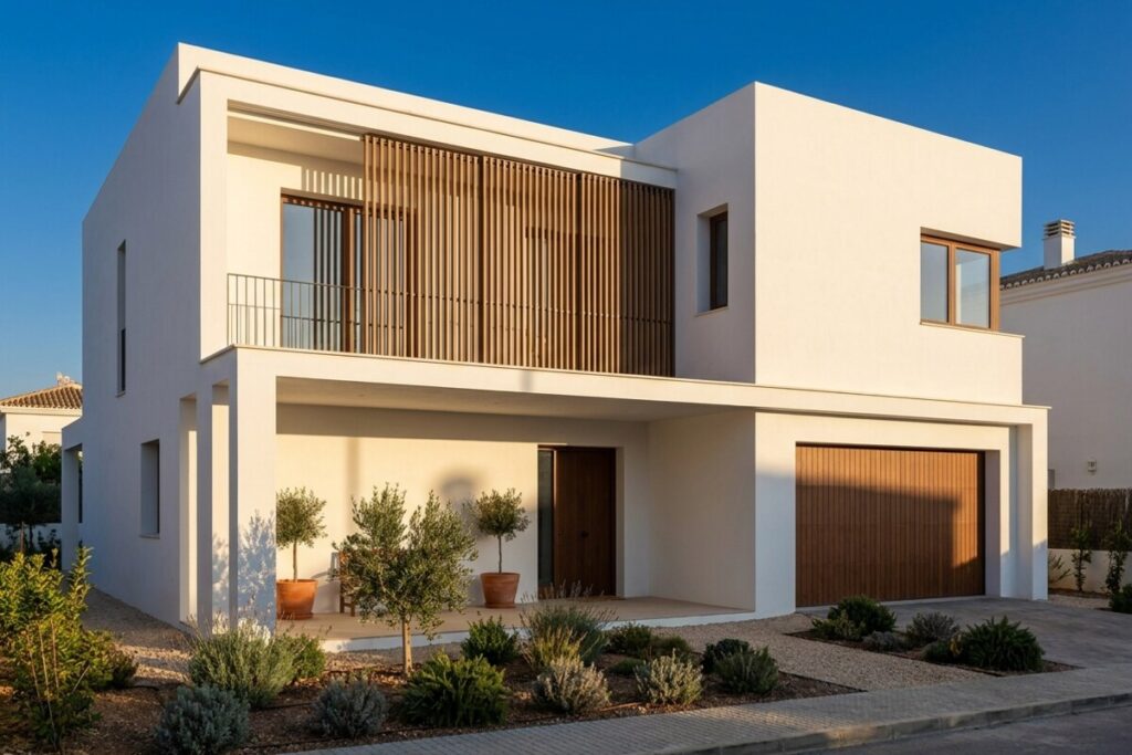Fachada de vivienda unifamiliar de obra nueva con celosía de lamas de madera